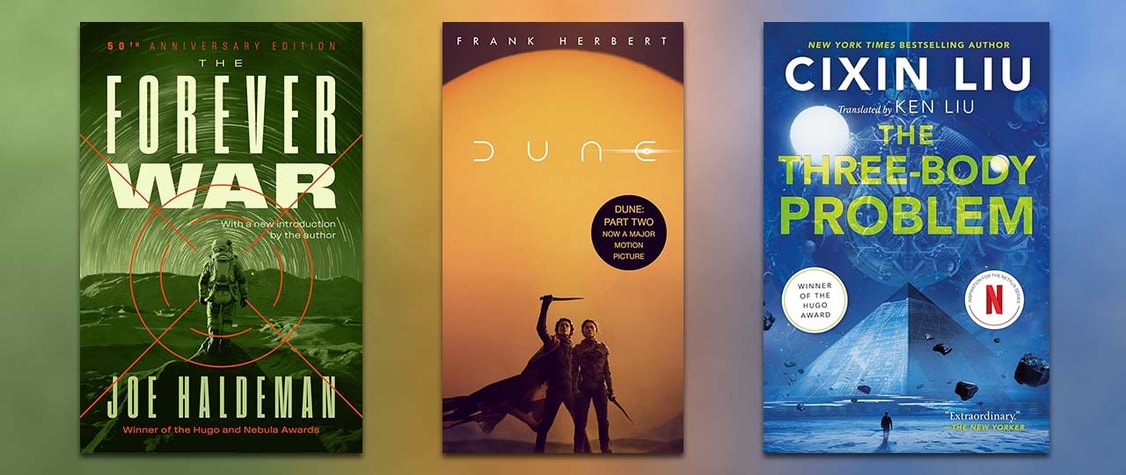 collage of the best science fiction titles of the past 100 years, including dune and the forever war