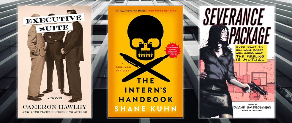 Three book covers set against photo of building.