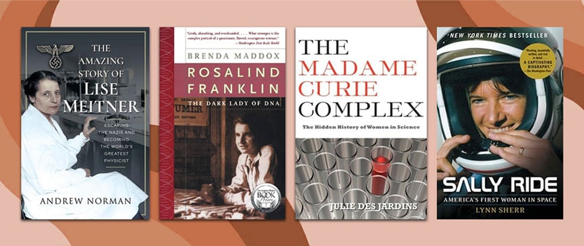 four book covers over pink/orange background