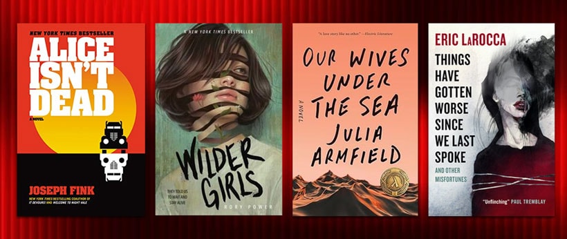 Four book covers from article over dark red background 