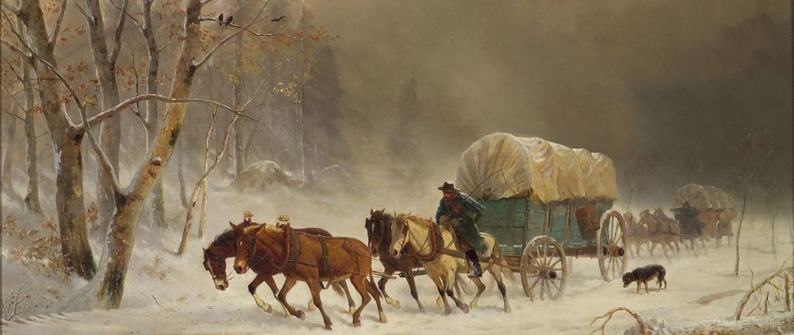Painting of a pioneer wagon in a storm. 