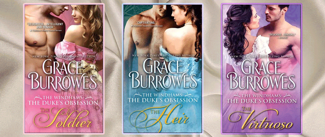 Covers of 'The Heir', 'The Soldier', and 'The Virtuoso' over a white silk background. 