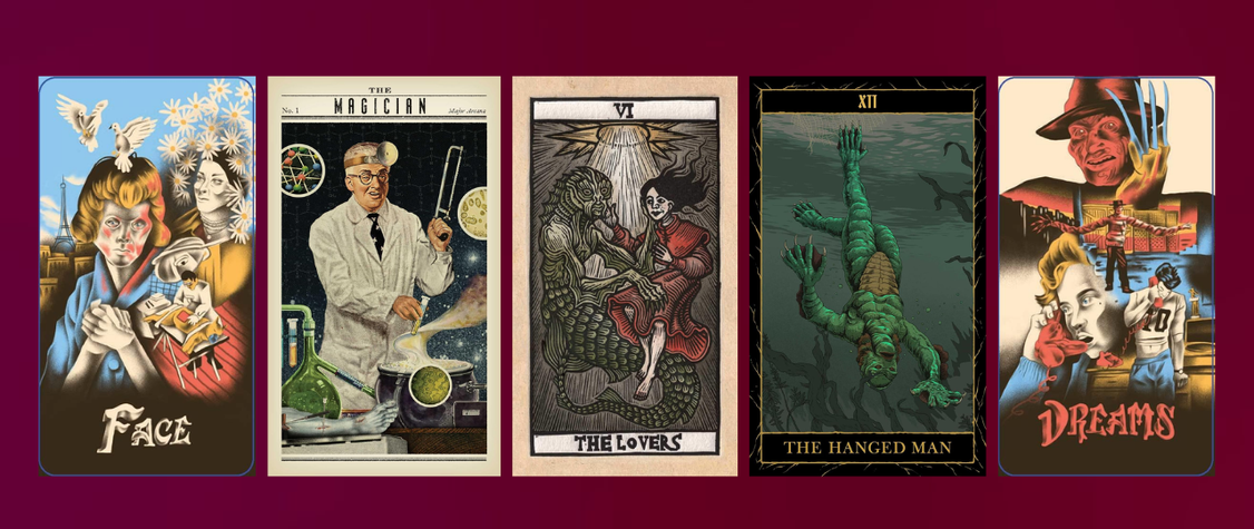 tarot cards from decks over dark pink background