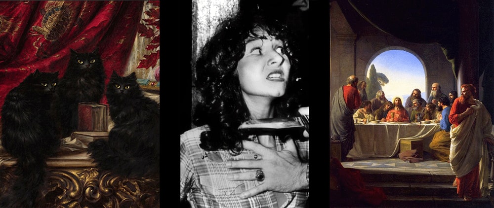 3 images: Illustration of black cats, still from "Friday the Thirteenth" (2009), illustration of the Last Supper.