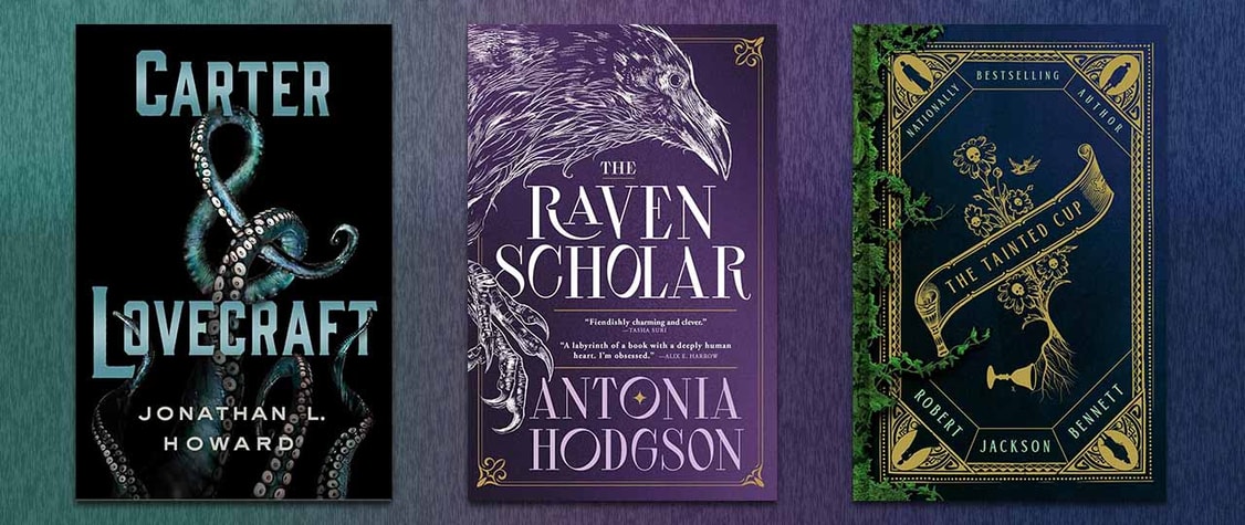 collage of fantasy detective titles including the tainted cup