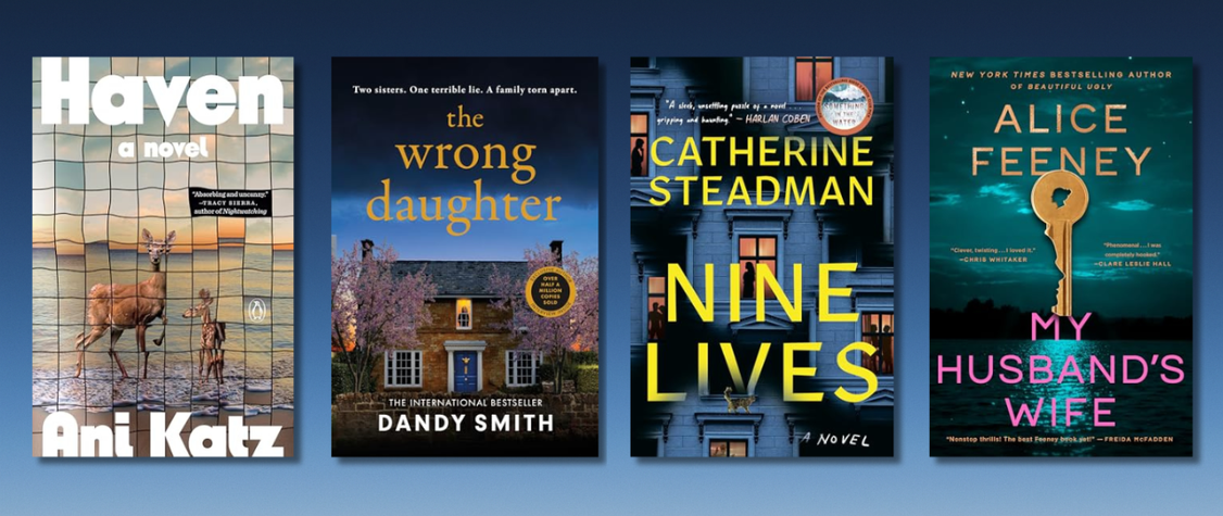 four book covers on a black to blue gradient