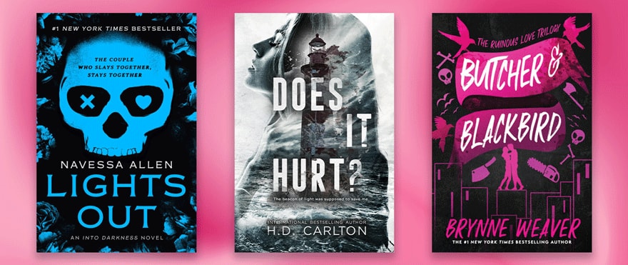 Three book covers set against pink background.