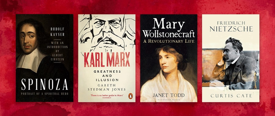 Four book covers set against red background.