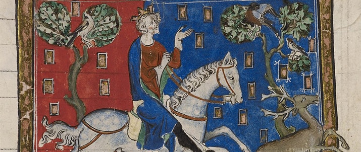 Illustration of King John on a stag hunt. 