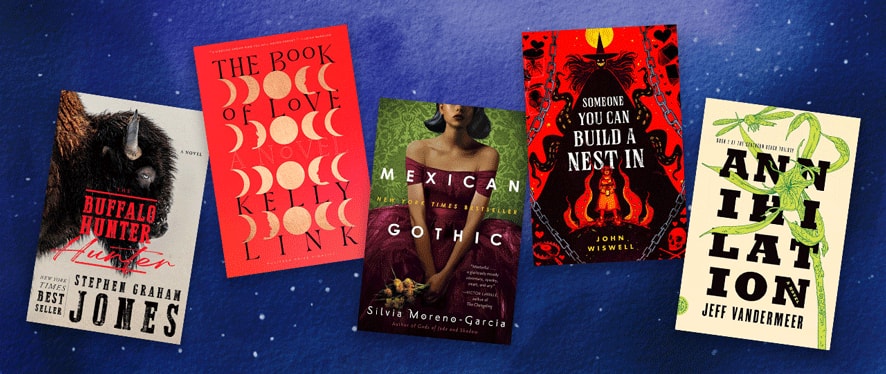 Five book covers set against galaxy background.