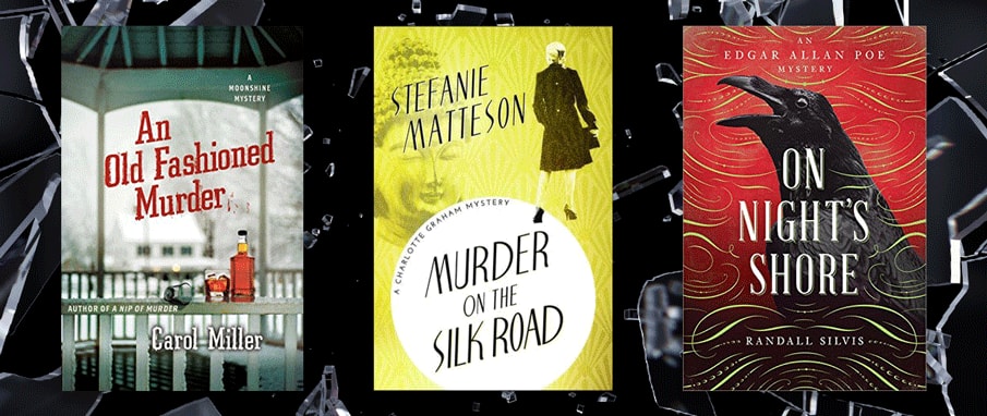 Three book covers set against photo of glass shattering.