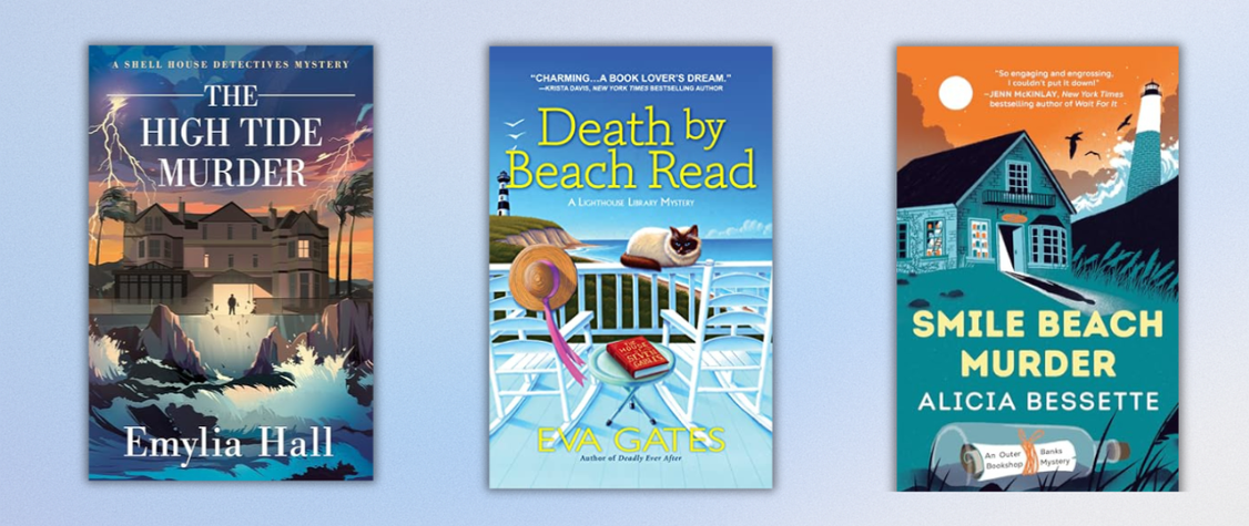 Three book covers on a blue background