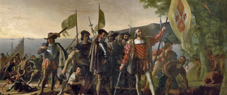 Depiction of Christopher Columbus and his crew landing in the West Indies on October 12, 1492.