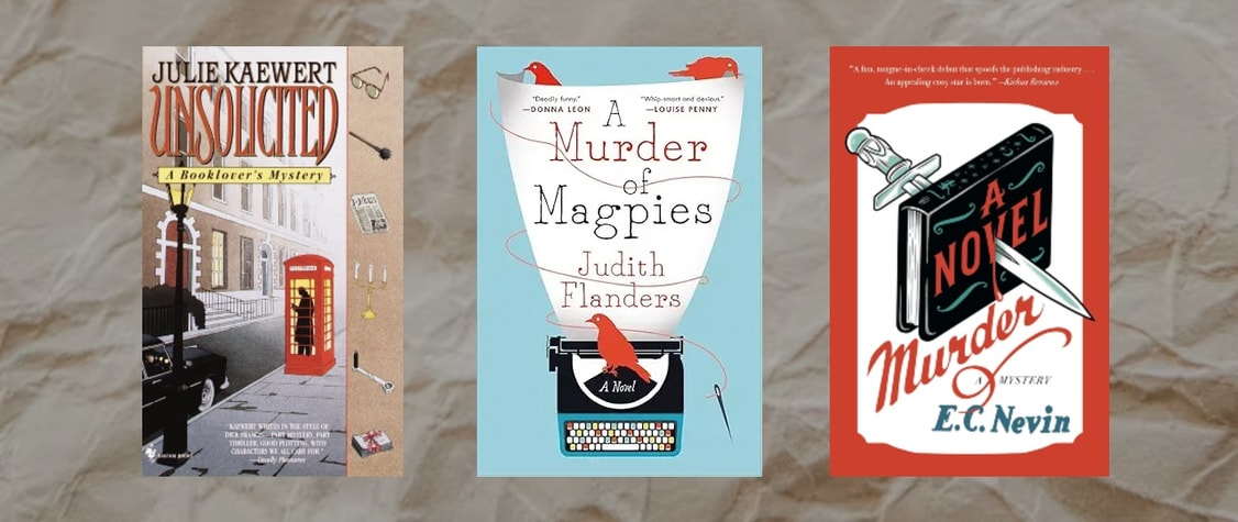 Covers of "Unsolicited" by Julie Kaewert, "A Novel Murder" by E. C. Nevin, and "A Murder of Magpies" by Judith Flanders.