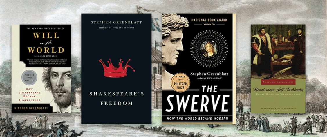 Stephen Greenblatt's books set against background of play house.