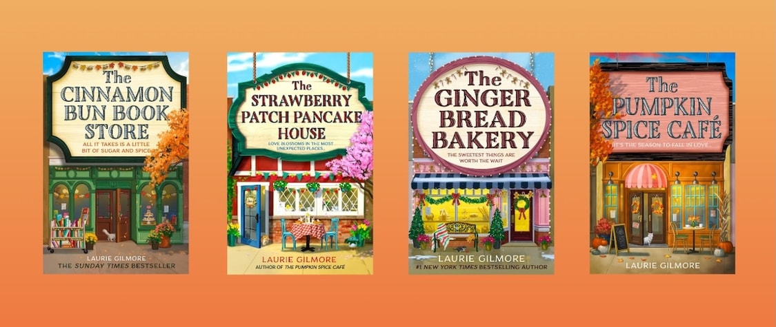 four book cover collage against an orange background