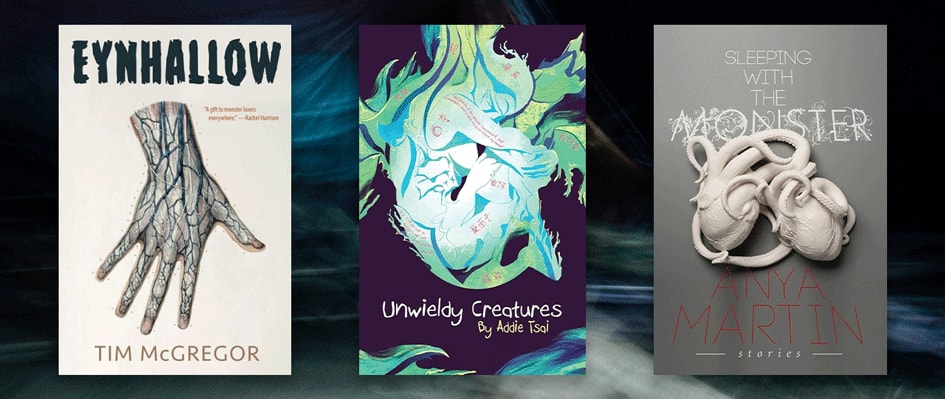 Three book covers set against dark background.