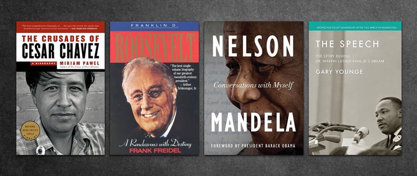 Four book covers from article over chalkboard background
