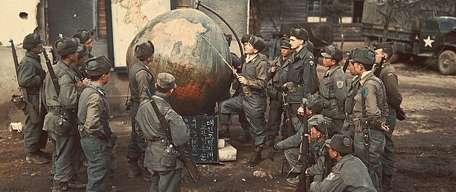 ROK officer with soldiers at headquarters in Chunju, Korea.