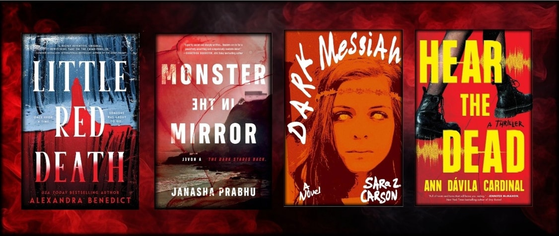 four book covers collaged on a red and black smokey background