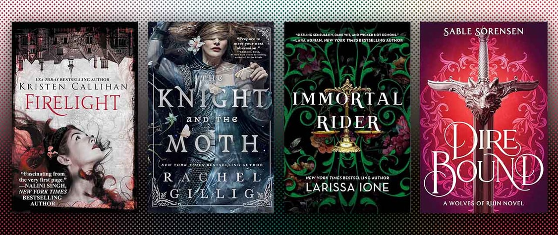 collage of adult fantasy romance books, including dire bound