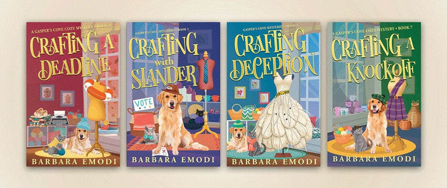 Four book covers set against beige background.