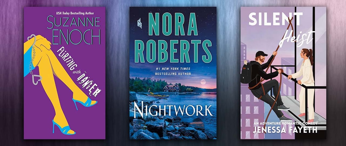 collage of romance heist books including nora roberts nightwork
