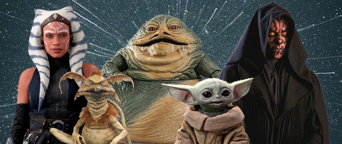 Ahsoka Tano, Salacious B. Crumb, Jabba the Hutt, Grogu, and Darth Maul