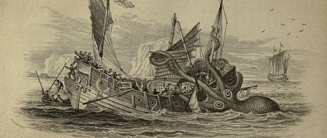 A kraken overtaking a ship.