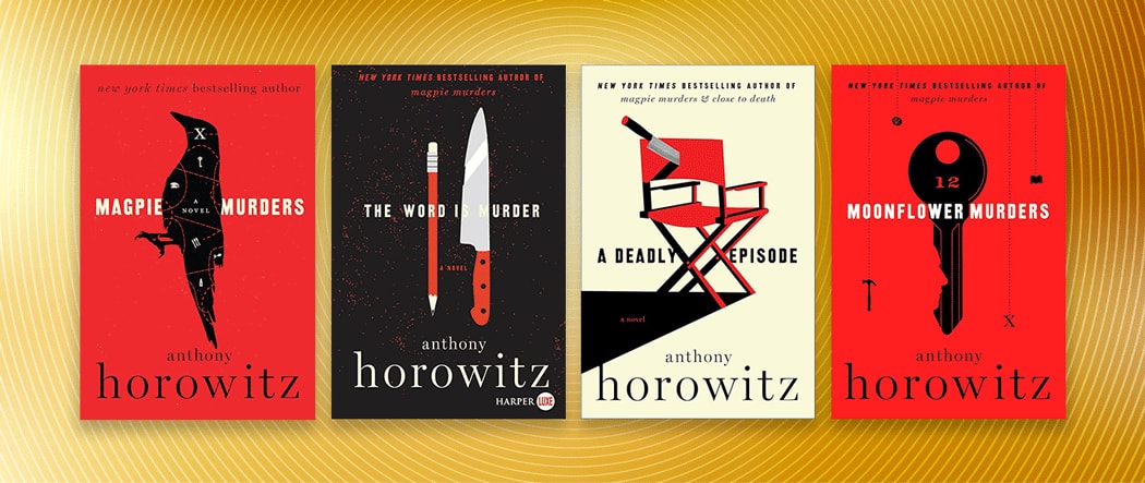 Four book covers set against yellow spiral background.