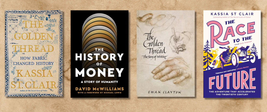 four book covers on beige background