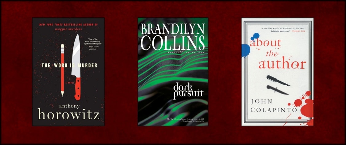 three book cover collage against a red background