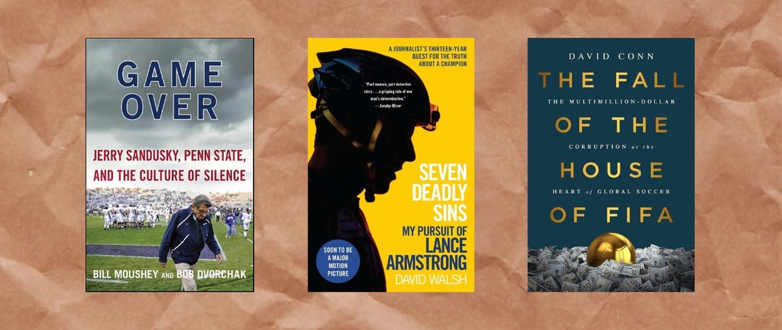 Covers of "Game Over" by Bill Moushey and Robert Dvorchak, "Seven Deadly Sins" by David Walsh, and " The Fall of the House of FIFA" by David Conn