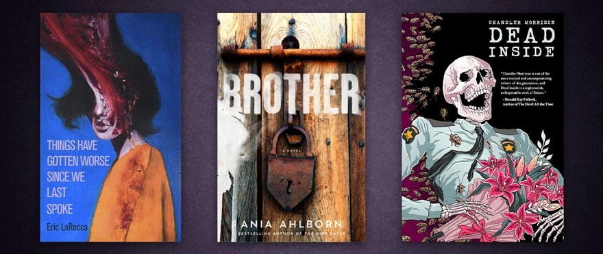 Three book covers set against purple background.