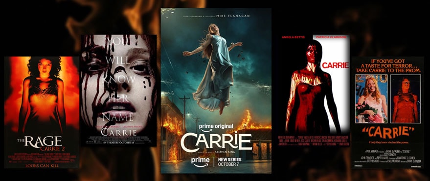 Five of Carrie Adaptations over blurred fire background over black solid color. 