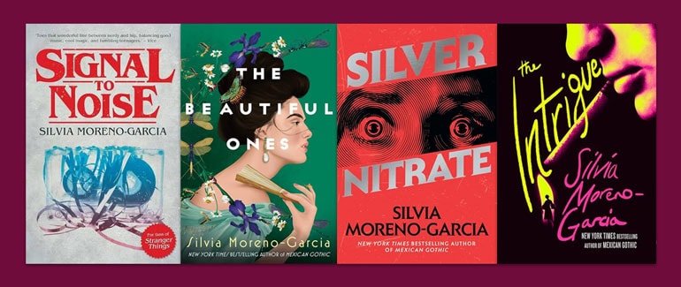 Four Book Covers from Silvia Morena-Garcia against dark pink background