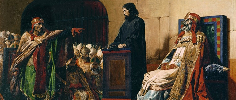 Painting of Pope Stephen VI confronting the enthroned corpse of Pope Formosus during the Cadaver Synod of 897. 