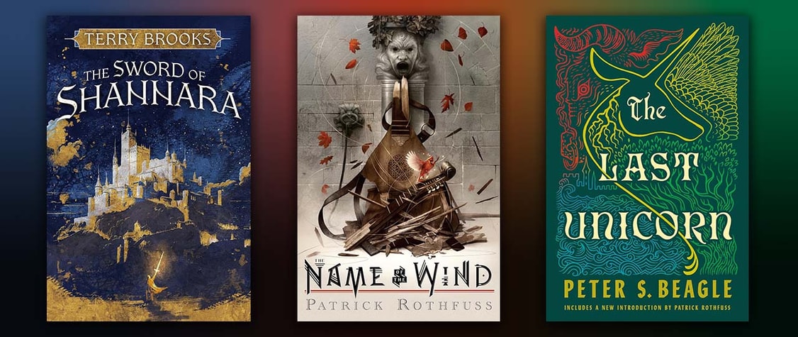 collage of sff books including the name of the wind