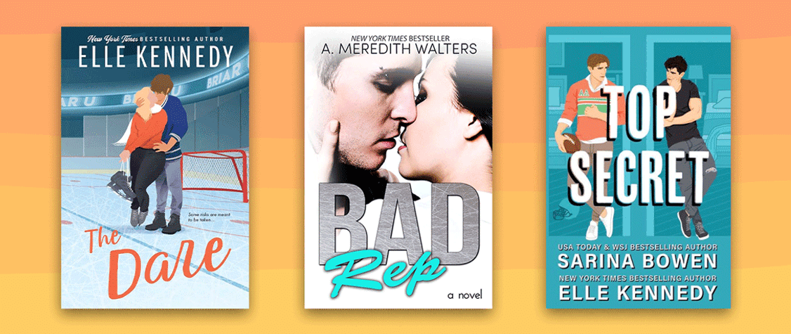 Three college greek romances set against ombre orange background.