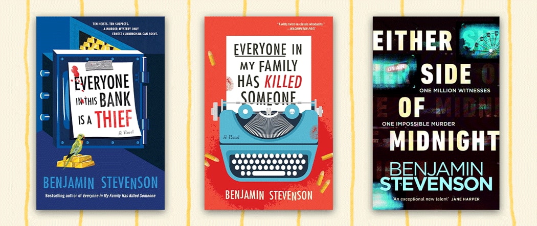 Three book covers set against yellow striped background.