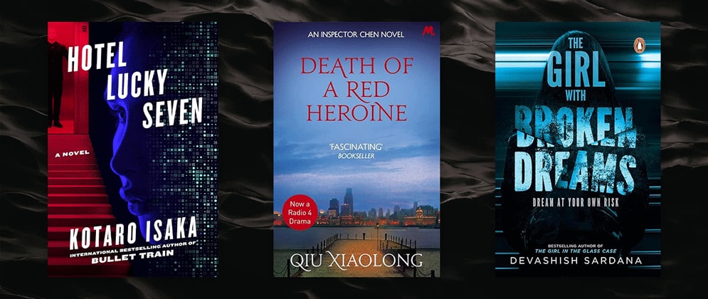 Three book covers set against photo of waves. 