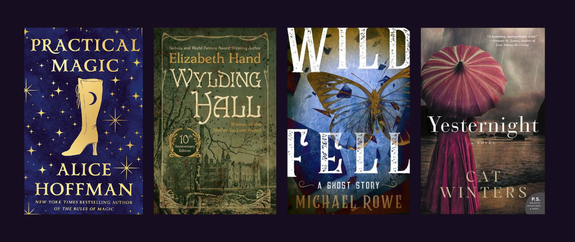 Four book covers from article over plum color solid background