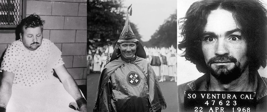 Photos of John Wayne Gacy, Hiram Wesley Evans, and Charles Manson.