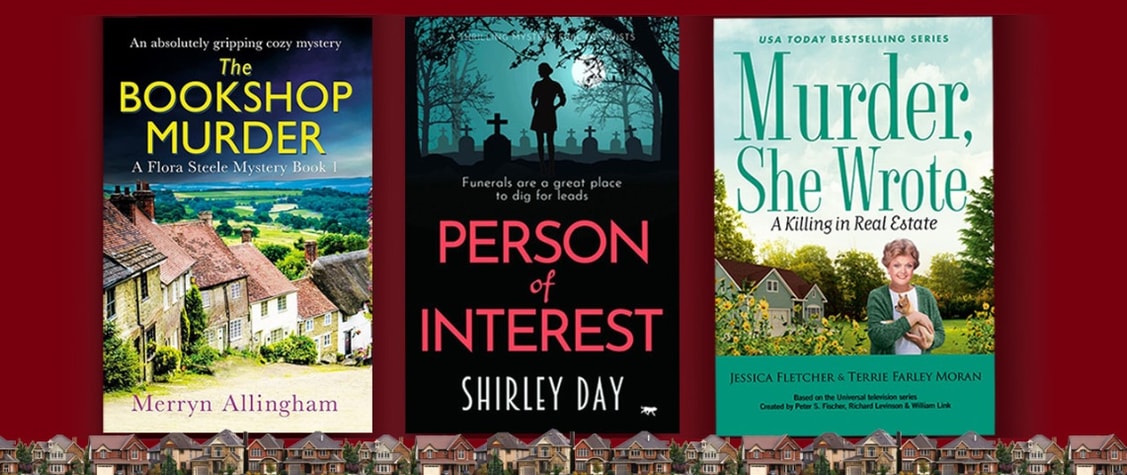 Three book covers on a red background with miniature houses bordering the bottom