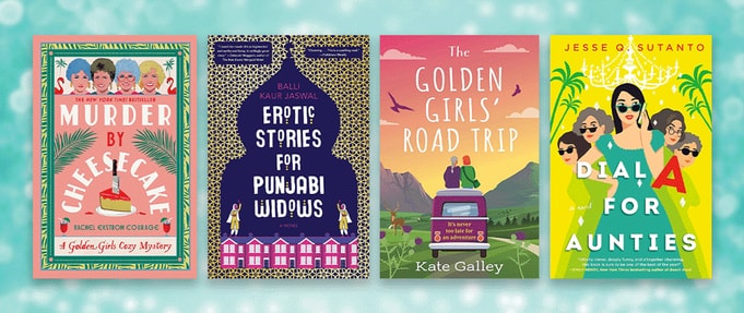 Four book covers set against blue sparkly background.