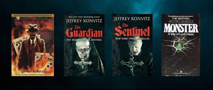 Covers of "The Circus of Satan," "The Sentinel," "The Guardian," and "Monster: A Tale of Loch Ness" by Jeffrey Konvitz