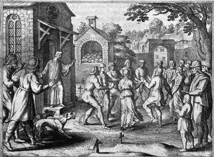The Dancing Plague  image of townspeople huddled together, dancing
