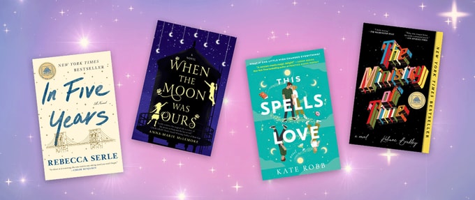 Four book covers set against purple sparkly background.