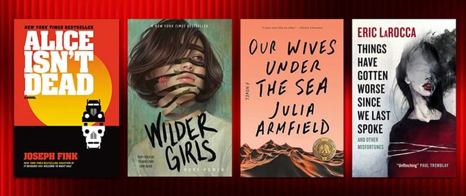 sapphic-horror-novels_feature Four book covers from article over dark red background
