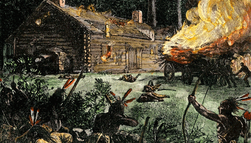 Illustration of King Phillips War, Native Americans with bow and arrows, burning house
